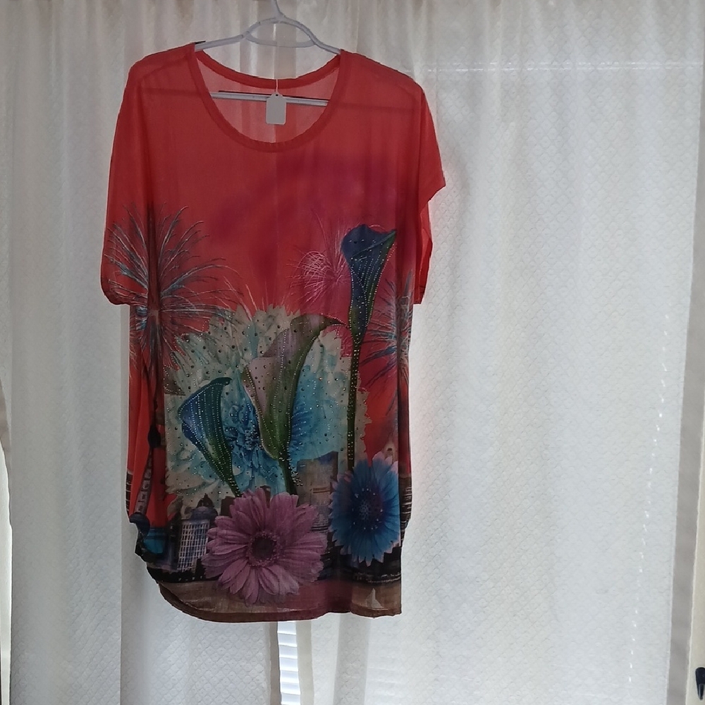 Coral Floral Short Sleeve Women's Top with Botanical Print And rhinestones